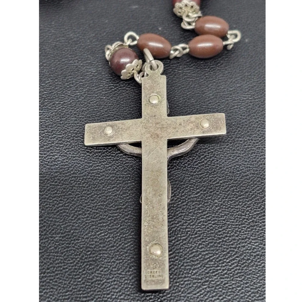 Vintage Creed Rosary Sterling Silver Brown Bead Catholic Crucifix Prayer